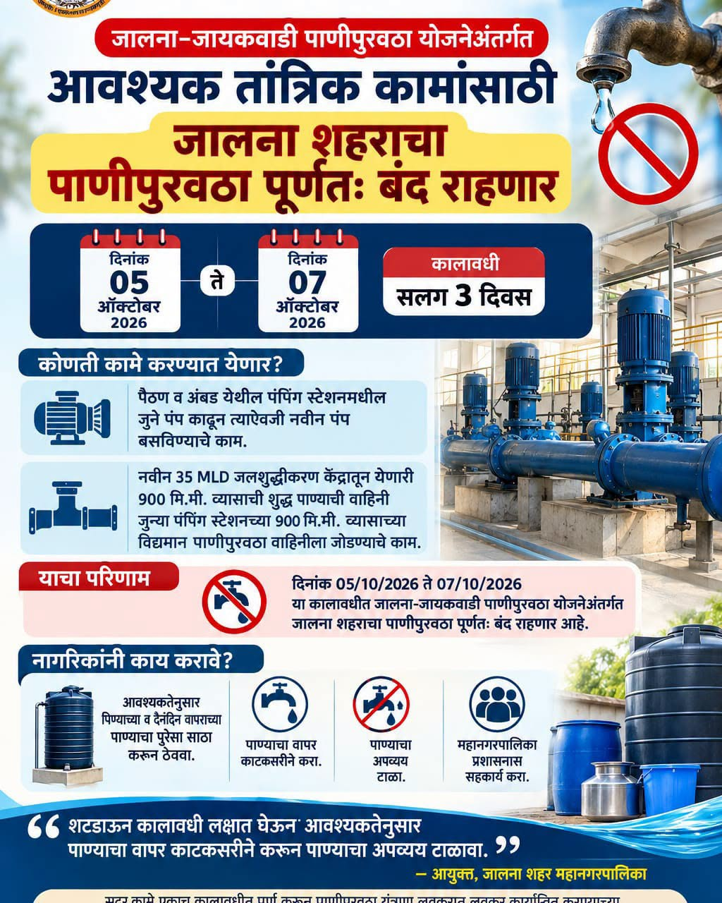 ५ ते ७ ऑक्टोबर दरम्यान जालना शहराचापाणीपुरवठा राहणार बंद
